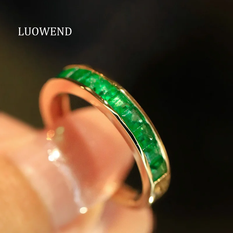 LUOWEND 100% 18K Yellow Gold Rings Luxury Minimalist Style Real Natural Emerald Engagement Ring for Women High Party Jewelry