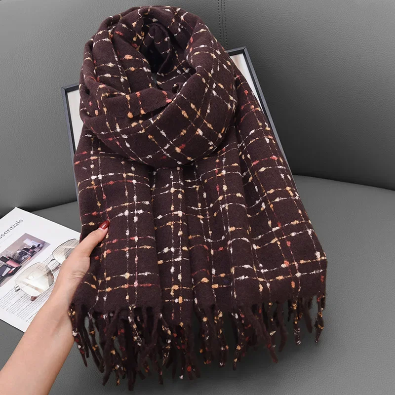 High-end Imitation Cashmere Plaid Tassel Scarf for Men and Women in Autumn and Winter Plus Velvet and Thickened Warm Scarf