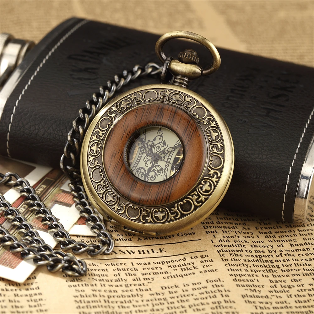 Vintage Classic Red Sandalwood Circle Hollow Large Pocket Watch Roman Digital Flip Cover Semi Automatic Mechanical Pocket Watch