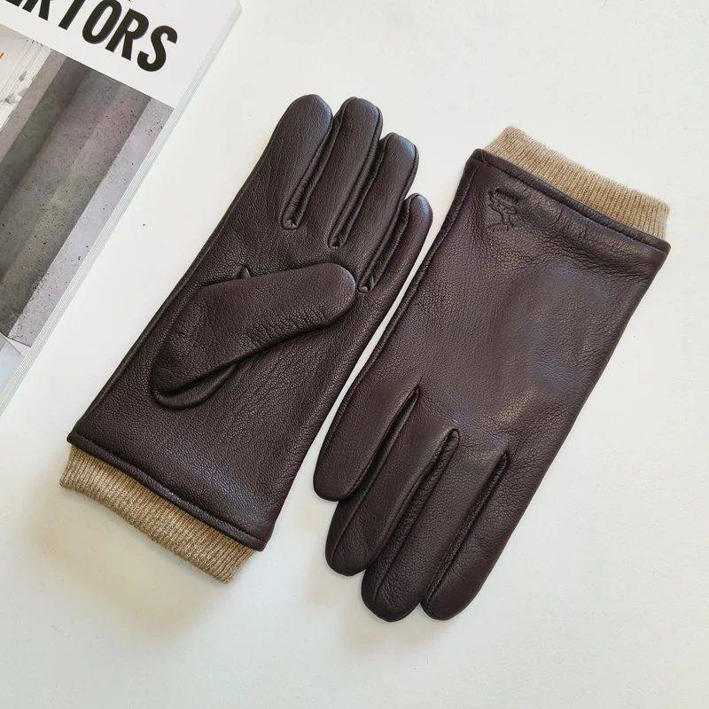 Men's Deer Skin Gloves Warm Wool Knitted Driving Cycling Leather Gloves