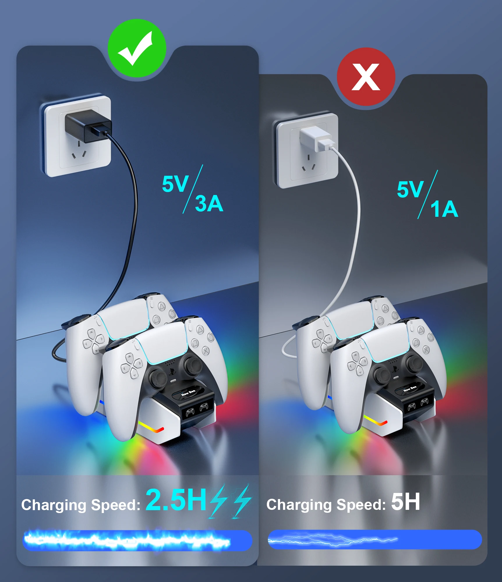 محطة شحن وحدة تحكم Bee Z15 RGB جديدة للبلاي ستيشن شاحن مزدوج سريع حامل شحن محطة إرساء للوحة ألعاب PS5