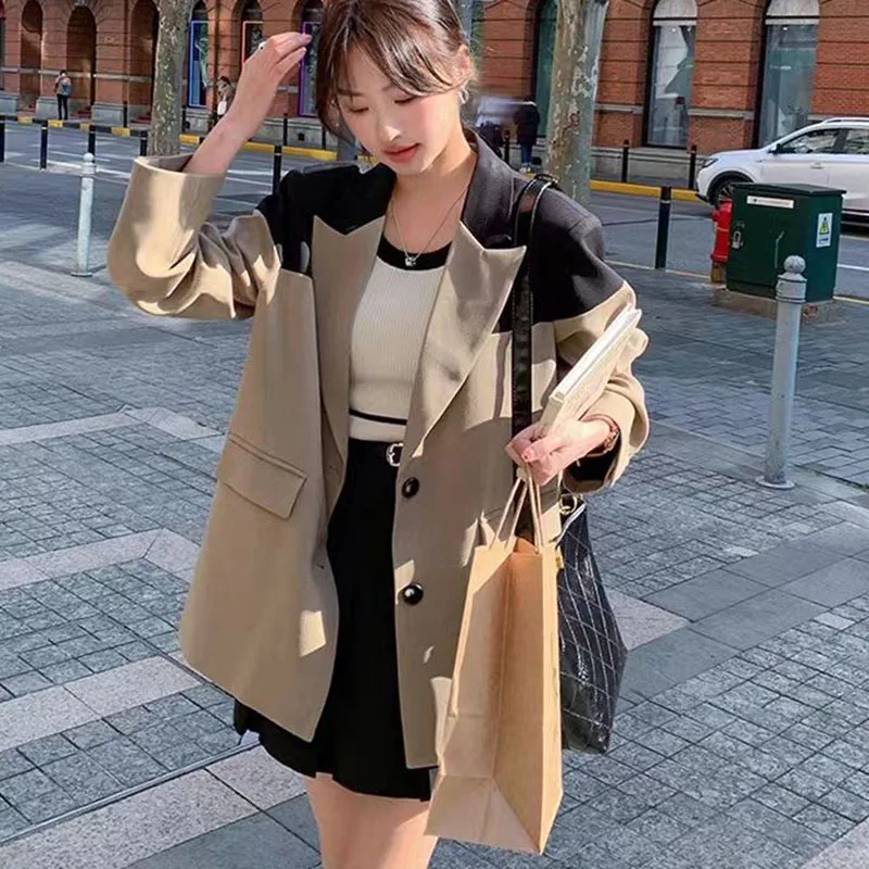 

Contrast Color Patchwork Blazers Jacket Women Korean Fashion Streetwear Loose Khaki Outwear Autumn Casual Long Sleeve Suit Coat
