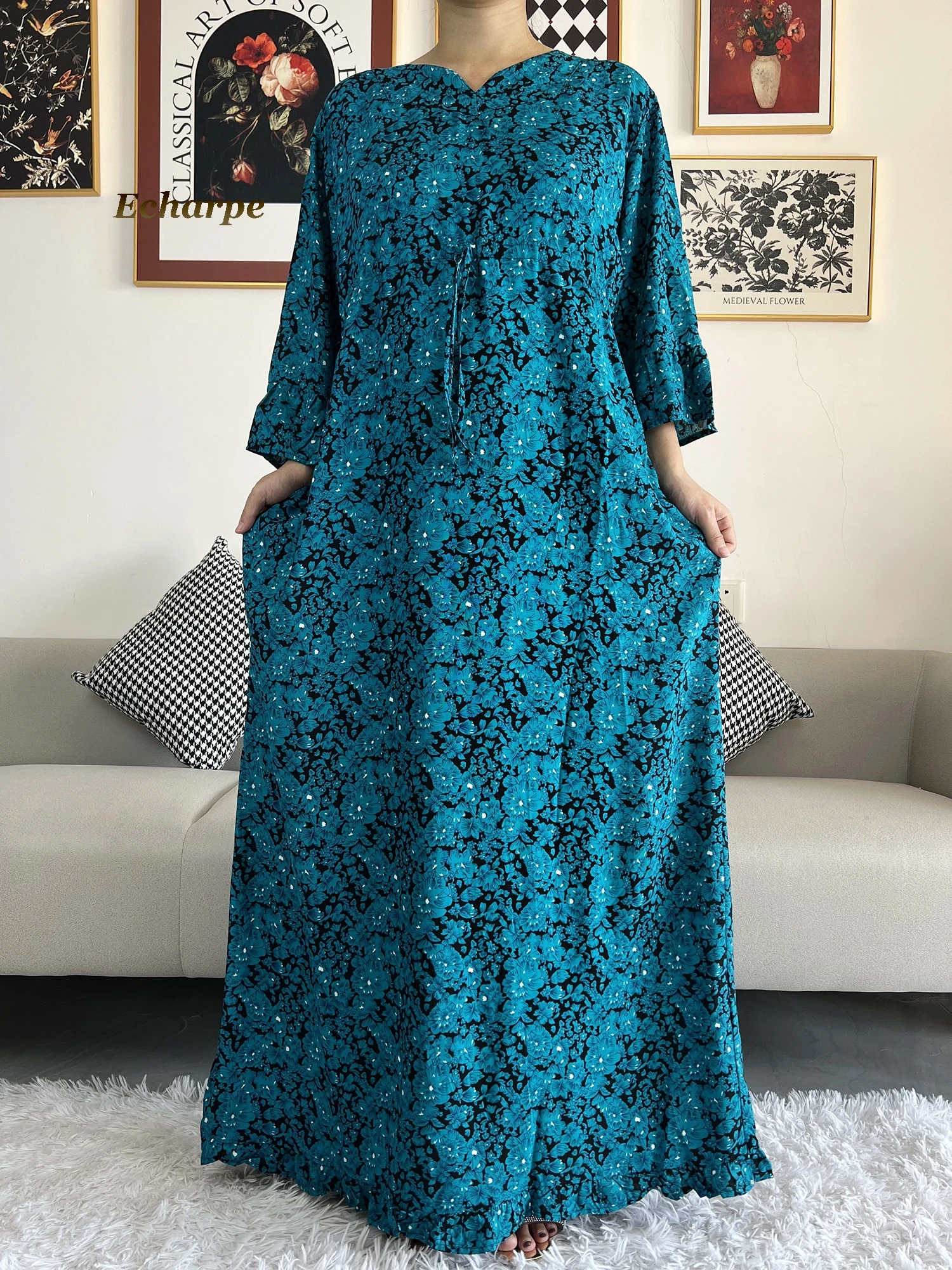 New  African Dashiki Long Sleeve Loose Cotton Waist Elegant Women Abaya Long Dress Summer Maxi Casual Loose Dresses Vestidos