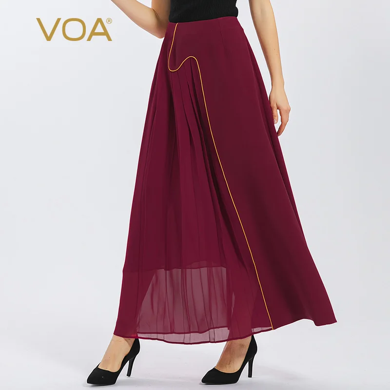 VOA 40 Momme Heavyweight Mulberry Silk Ghost Red Double Layer Topstitched Decorative Pleated Large Swing Silk Skirt Women CE163