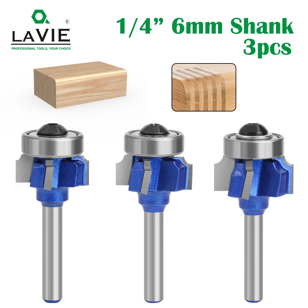 

LAVIE 3pcs 6mm 1/4 Shank High Quality 4 Flutes Router Bit Set Woodworking Milling Cutter R1 R2 R3 Trimming Knife Edge