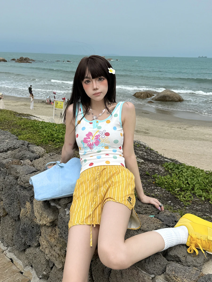 Summer Short Crop Top Women's Slim Fit Striped Note Color Block Halter Vest Street Style Korean Spicy Girl Floral Polka Dot