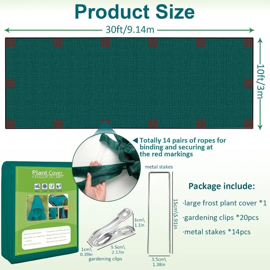 أغطية نباتات من القماش الصقيع بطول 10 أقدام × 30 قدمًا لحدائق الشتاء مع 20 مشبكًا من الفولاذ المقاوم للصدأ 1.41 أونصة يغطي الصف العائم باللون الأخضر الداكن