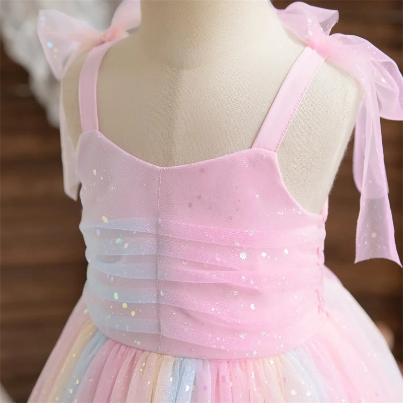 2024 New Baby Dress Girls Birthday Party Rainbow Princess Frock Summer Children Sequin Sleeveless Sling Sweet Tulle Dress 1-5Yrs