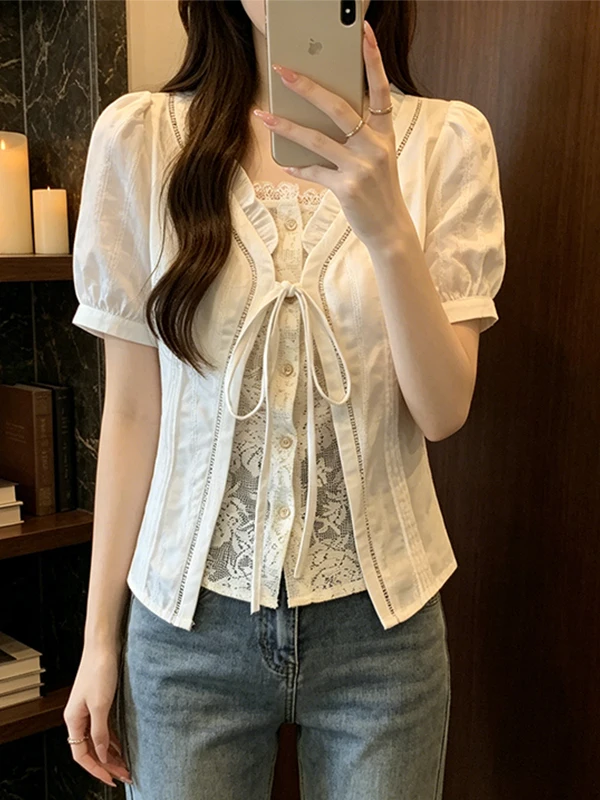 

Summer New plus Size Women's Shirt Pure White Ruffle Trim Short Sleeve Korean Style Breathable Skin-Friendly Casual Top