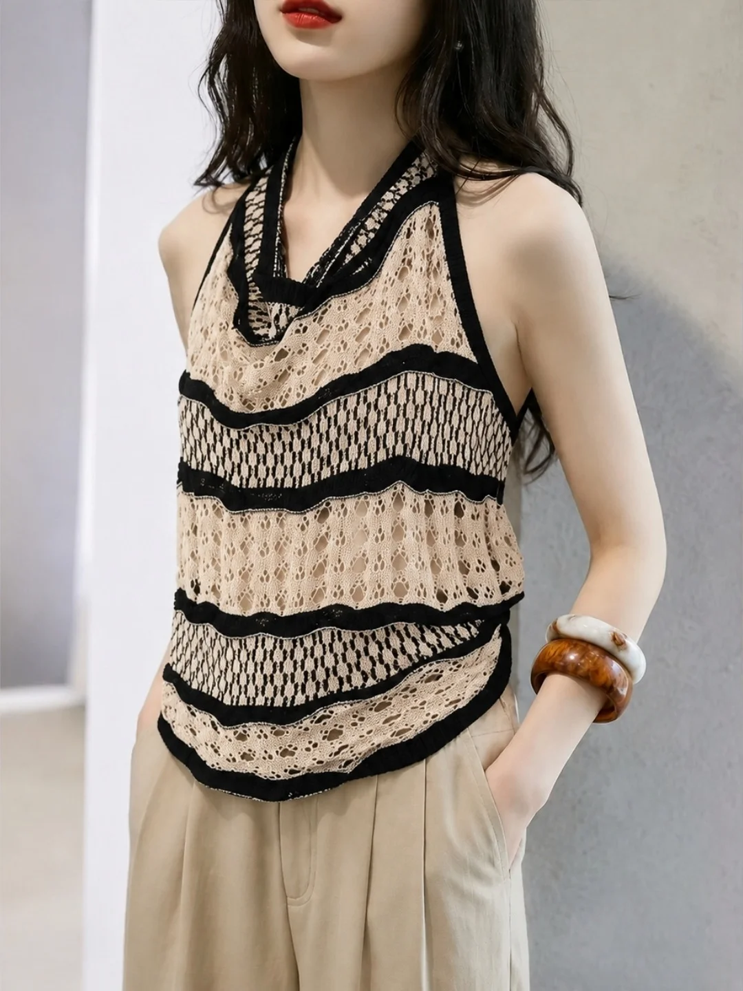 

Fashionable Summer Ice Silk Knitted Hollow out Neckline Vest Women's Style Commute Korean Version Straight Cut Brand POEM LIN