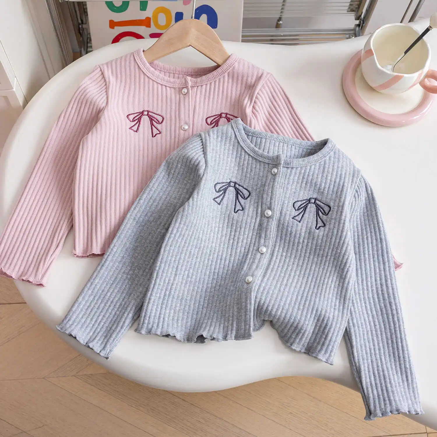 Girls Jackets Knit Autumn Winter 2024 Coats for Kids Bow Children Cardigan Pink/grey Toddler Windbreaker Baby Outfits Clothes