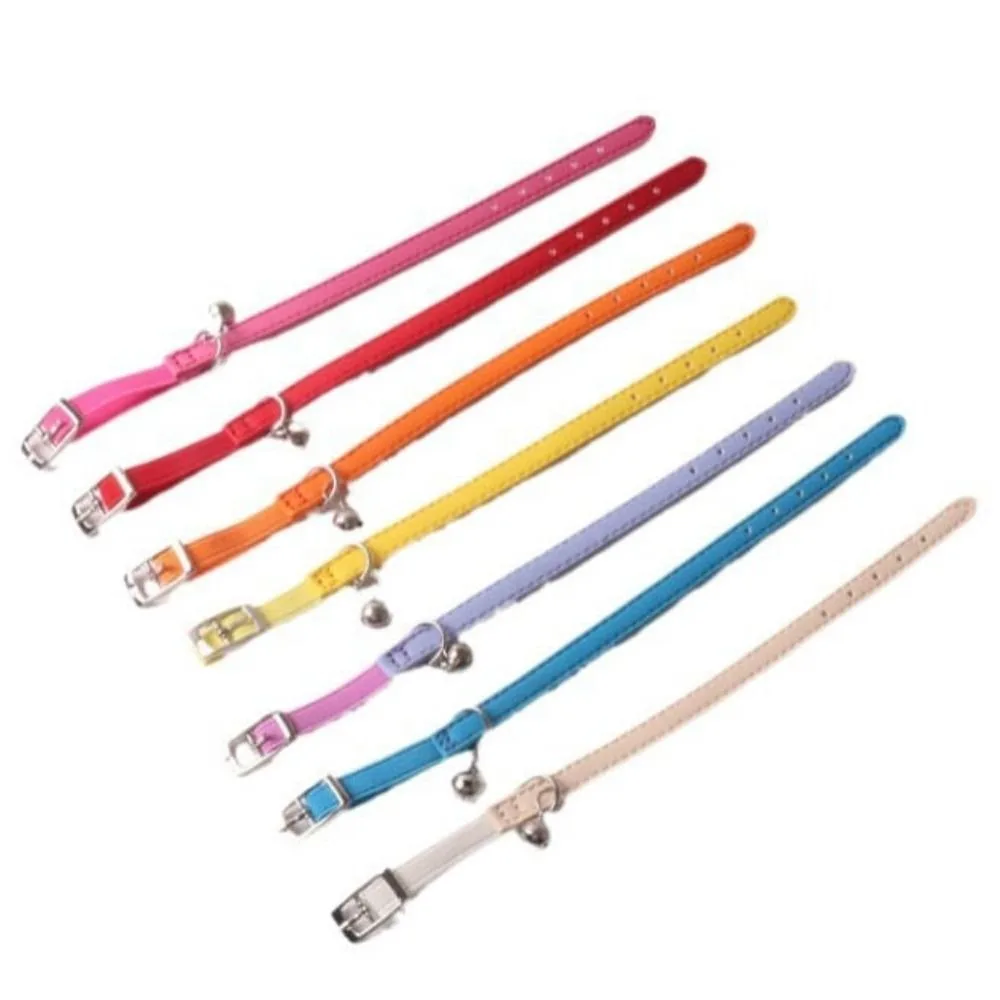 Small Cat Collar Macaron Color Elastic Webbing Pet Collar Adjustable with Bells PU Leather Collar for Puppies and Cats