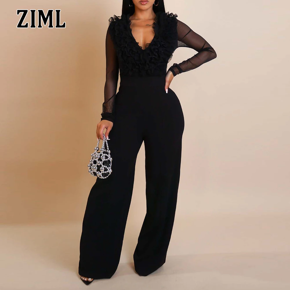 

ZIML solid spliced ruffles slimming sheer Jumpsuits for women v neck long sleeve high waist Sports and fitness jumpsuit female