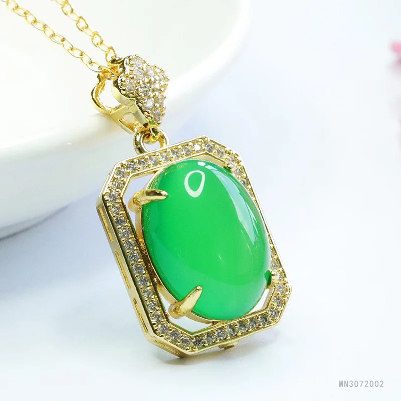 

Green agate square pendant, pigeon egg green chalcedony necklace.