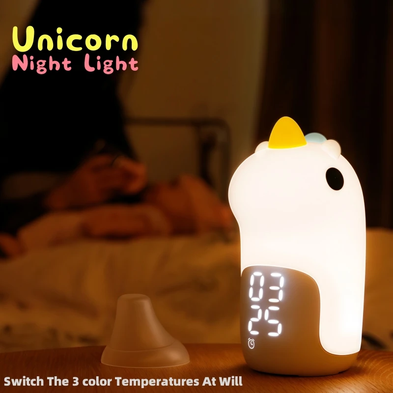 

Unicorn Child Night Light Bedside Lamp Decoration Room Kids Gift Alarm Clock Function Switch Color Type-C Rechargeable Led Lamp