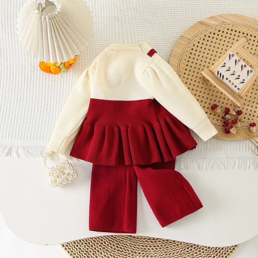 Children\'s Clothing Sets Fake Two Strap Knit Top + Straight-leg Pants Winter Knit Sweater for Children Clothes Outfit Set