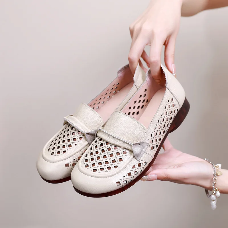 Summer Genuine Leather Slip-On Hollow Out Shoes New Fashion Breathable Women Shoes Women's Soft Comfortable Casual Driving Shoes