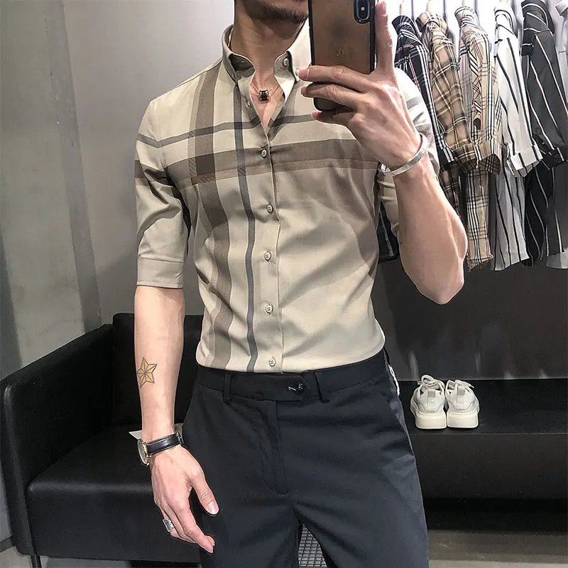 

Elegant Fashion Harajuku Slim Fit Ropa Hombre Loose Casual Sport All Match Shirt Square Neck Button Lattice Middle Sleeve Blusa