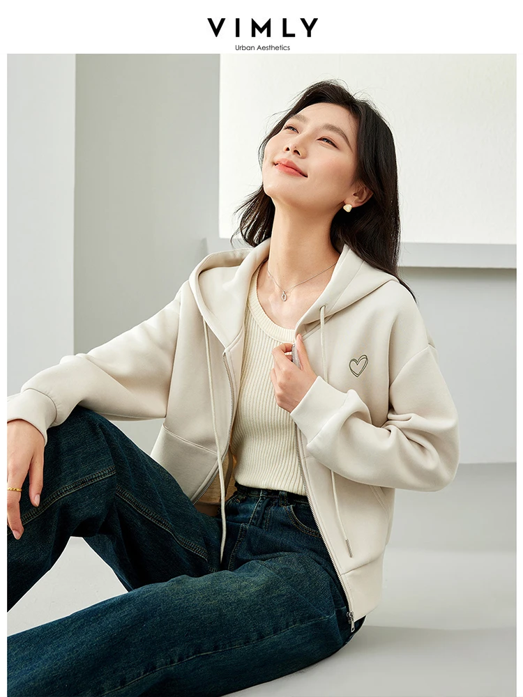 Vimly Zip Up Hoodie Jacket for Women 2024 Spring Outerwear Casual Loose Embroidery Cotton Female Full Zipper Hooded Coat M5299