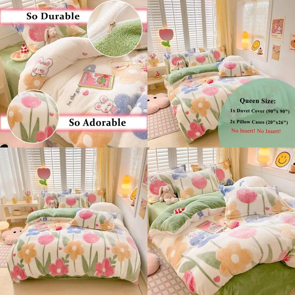 

Queen Size Floral Kawaii Duvet Cover Set with Avocado Green and Snowflakes, Reversible Comforter for Cozy Room Decor