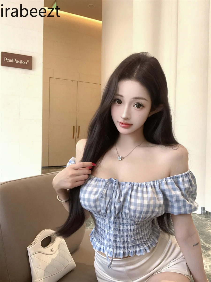 

2025 New Blue Checkered Off Shoulder Short Sleeve Blouse French Bubble Sleeve Summer Cute Crop Top Women's Fashion