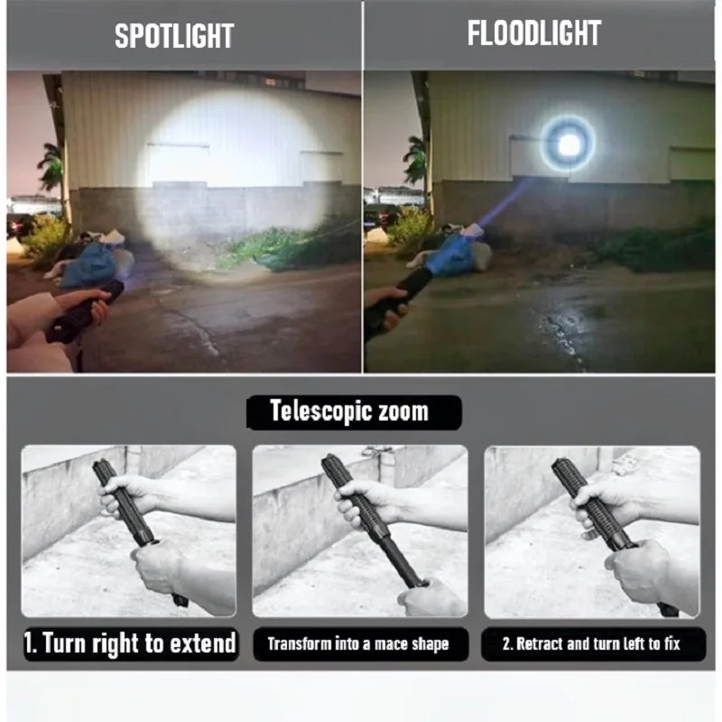 Rechargeable LED Flashlight Stick Outdoor Emergency Tactical Torch Extended Zoom Baseball Baton Anti Riot Equipment Self Defense