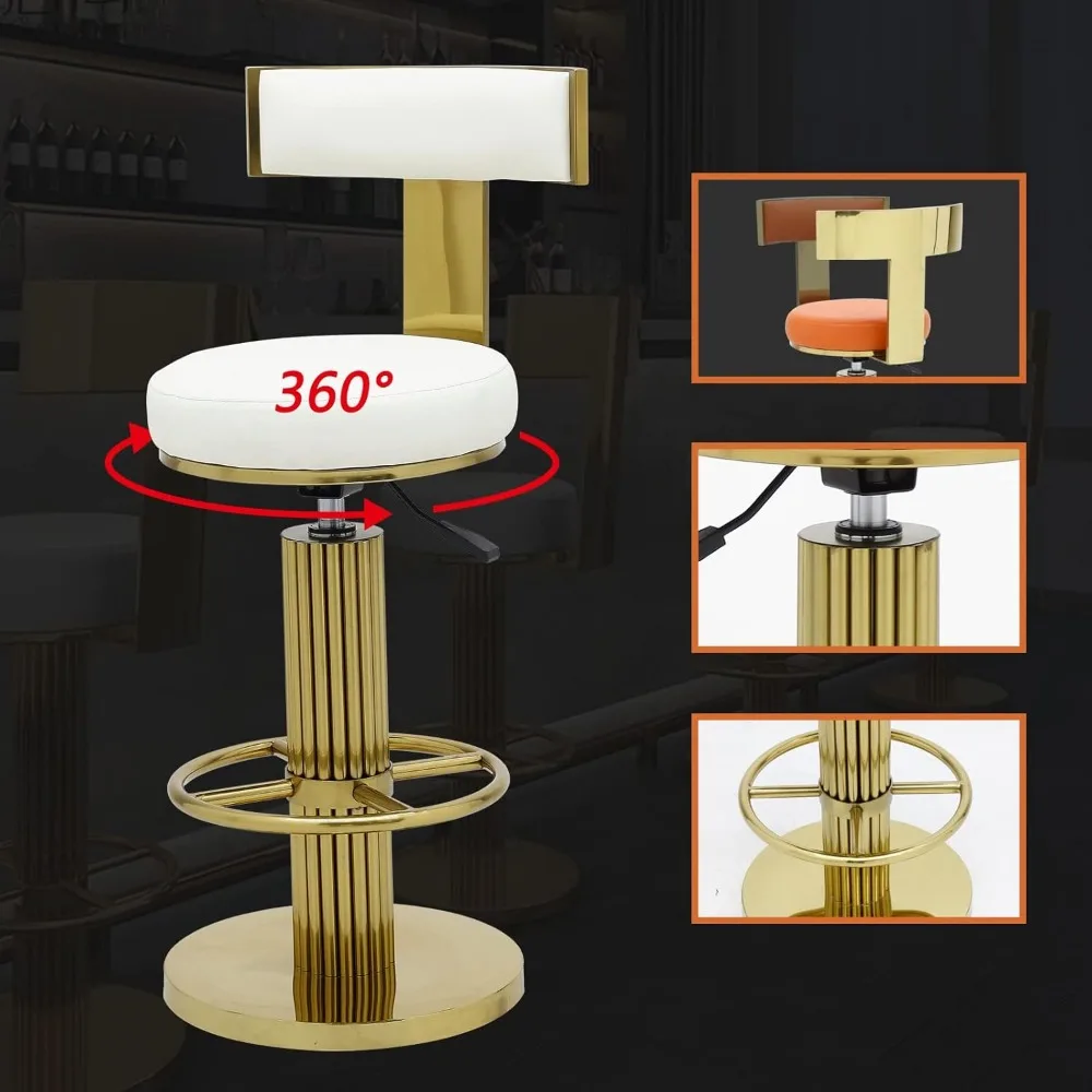 مقاعد بار دوارة حديثة قابلة للتعديل مع مسند ظهر، طراز Funrolux، لمسة نهائية من الفولاذ المقاوم للصدأ باللون الذهبي المصقول