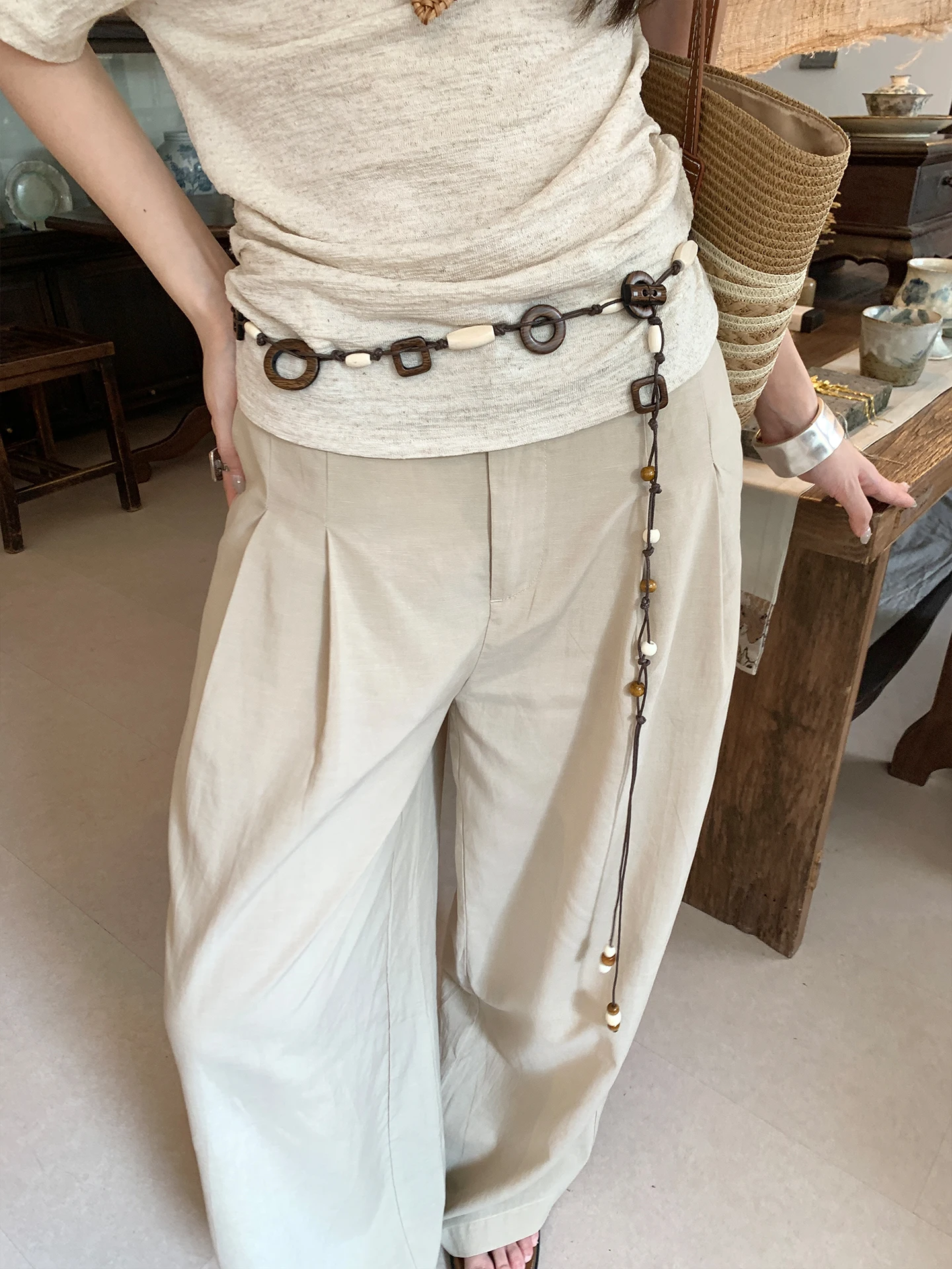 Bohemian Ethnic Style Handmade Woven Wooden Bead Waist Rope Women's Vintage Decorative Waist Chain