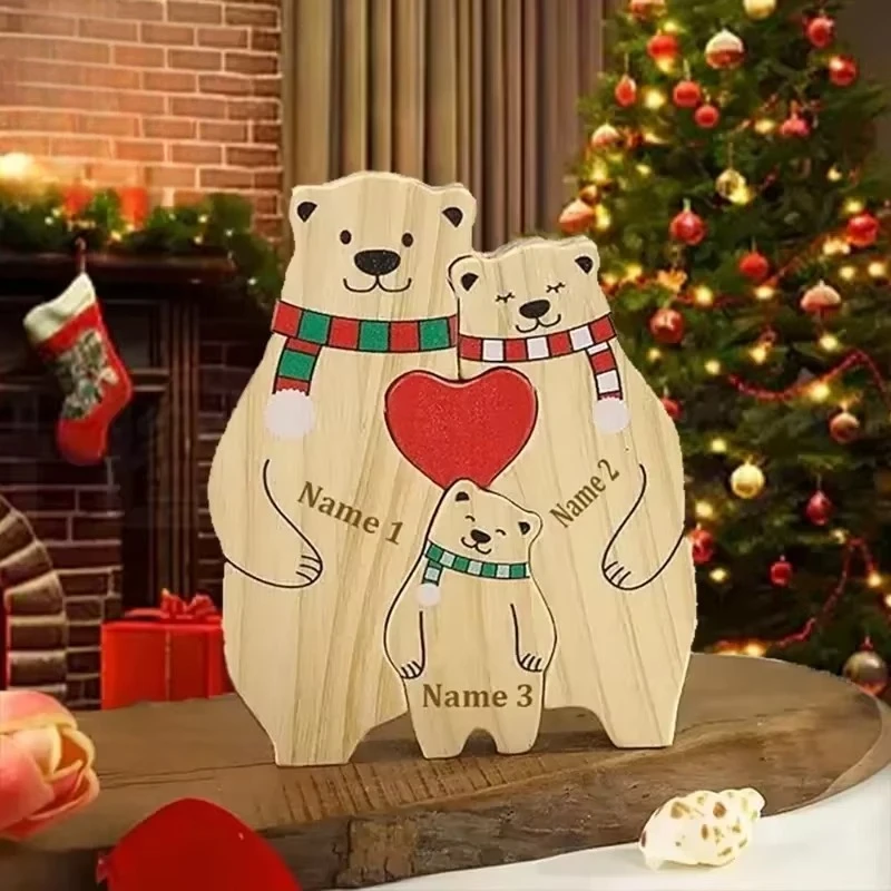 Custom Name Wooden Bear Ornament, Colorful Scarf Bear Christmas Decor, Personalized Family Puzzle, Warm Holiday Gift