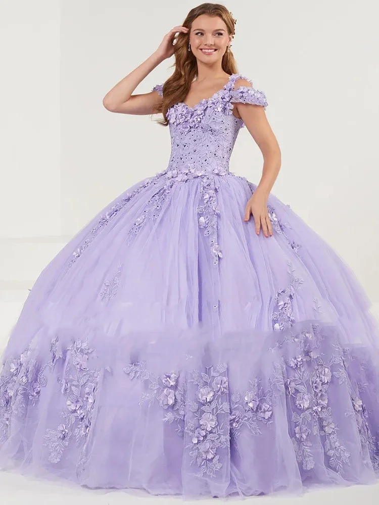 Light Blue Dresses Ball Gown V Neck Off Shoulder  3D Flowers Applique Luxury  Gowns Dresses Pink Simple Exquisite Modern Style