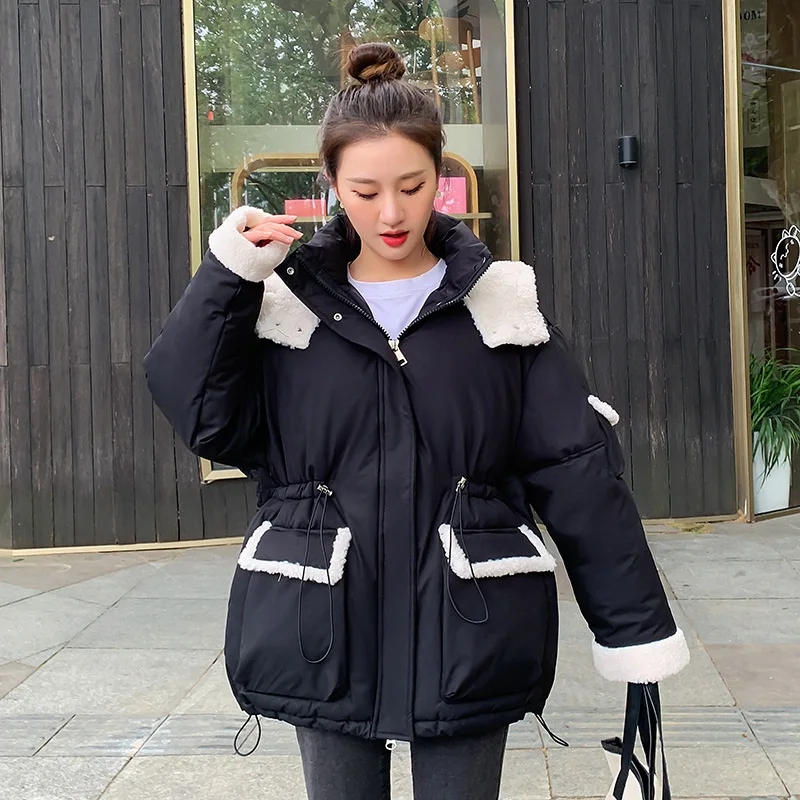 

2023 Lamb Wool Spliced Mid Length Down Cotton Coat Women's Winter Waisted Thickening Warm Fragrant Parkas