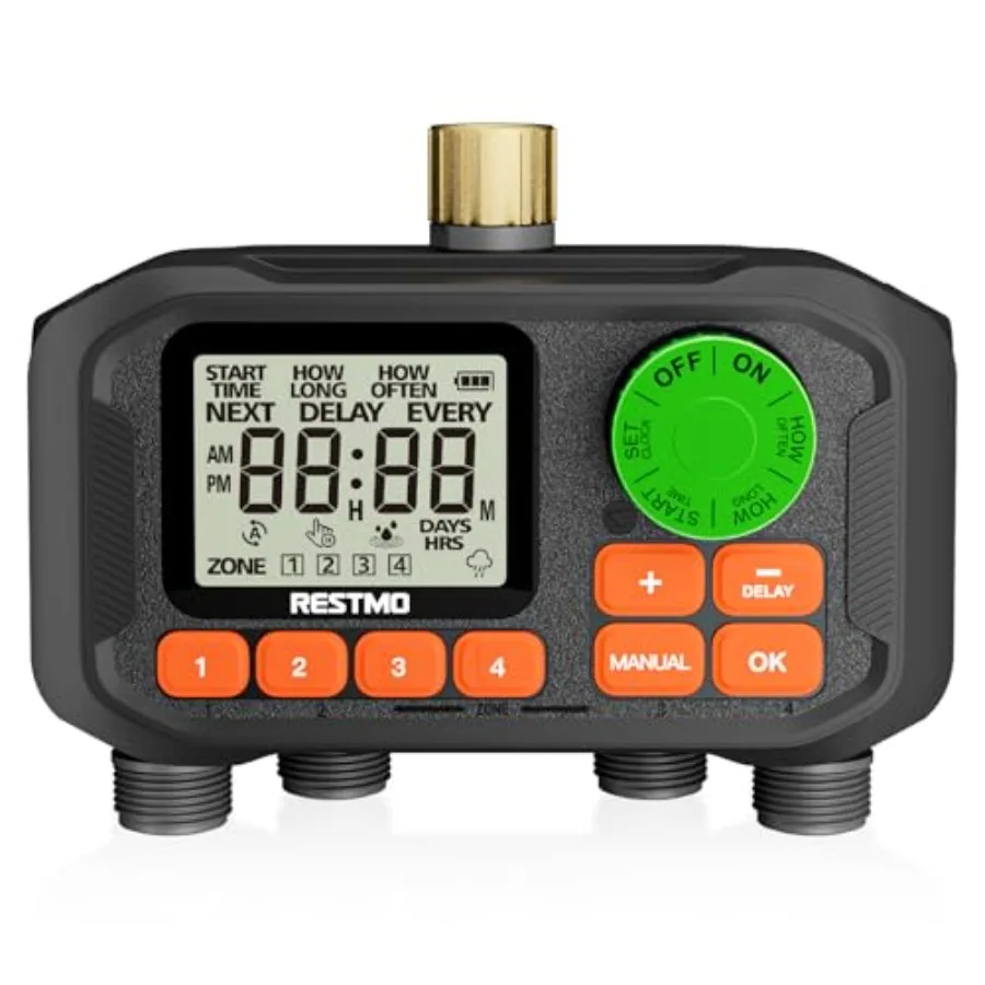 

4 Zone Sprinkler Timer with Brass Inlet Programmable Water Timer for Garden Hose Automatic Control Manual ON/Off Rain Delay for