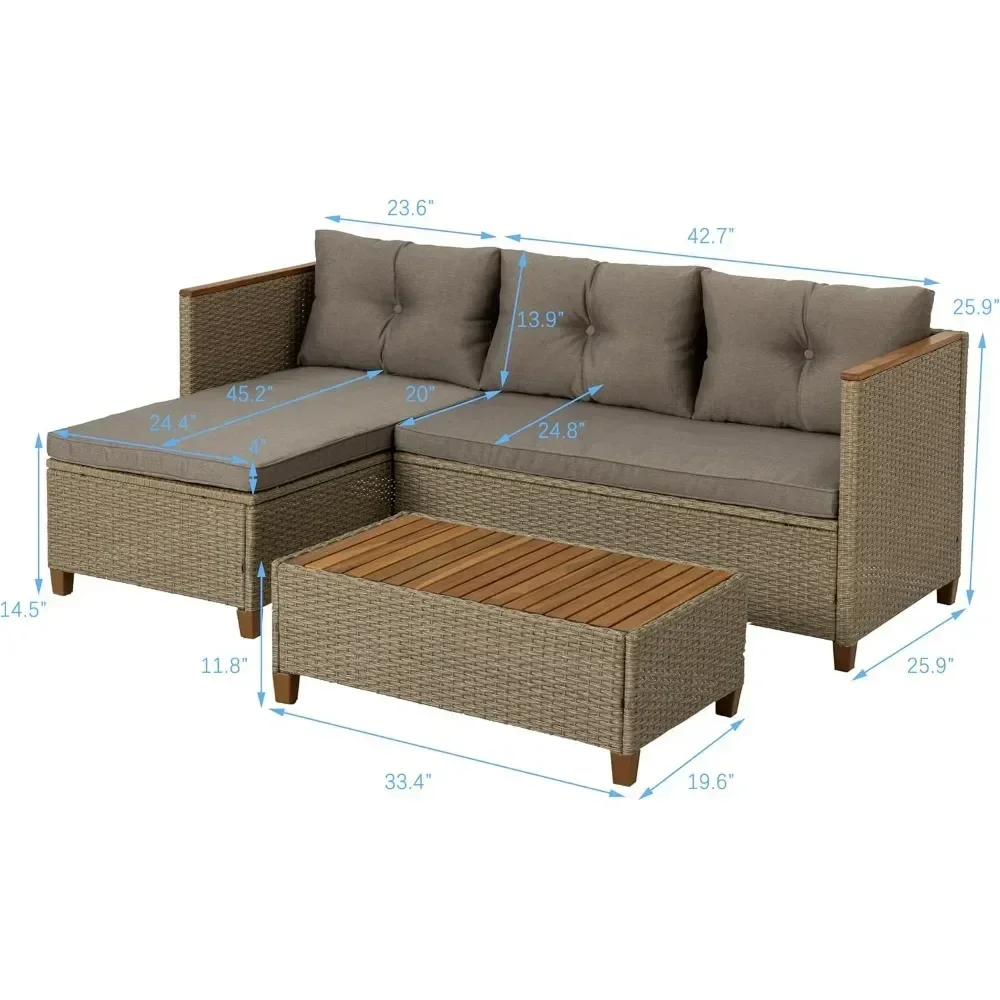 Patio Furniture Set 3 Piece Outdoor Sectional Sofa Couch All Weather Rattan Wicker Conversation Set with Acacia Wood Coffee Tabl