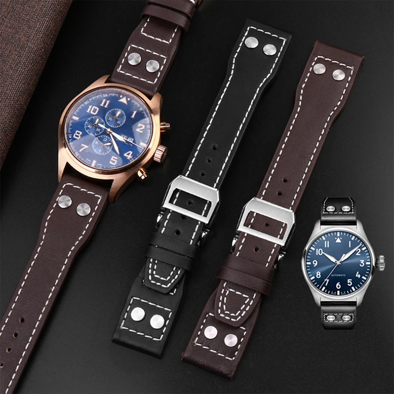 For IWC Genuine Leather Watch Band Big Pilot Flamethrower Little Prince Mark 18 Strap Willow Nail Bracelet 21mm 22mm Blue Brown