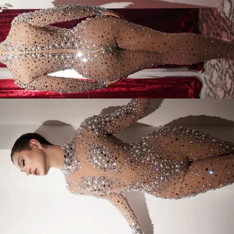 

Rhinestones Stretch Jumpsuit Drag Queen Costume Bar Gogo Dancer Clothing Birthday Party Rave Outfit Adult Clubwear