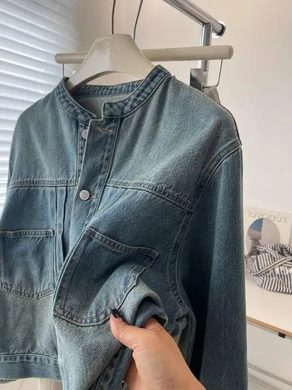 

Свободные джинсы в стиле ретро, женская весенняя повседневная верхняя одежда, пальто небольшого размера, винтажное длинное пальто с воротником свека, обычная длина