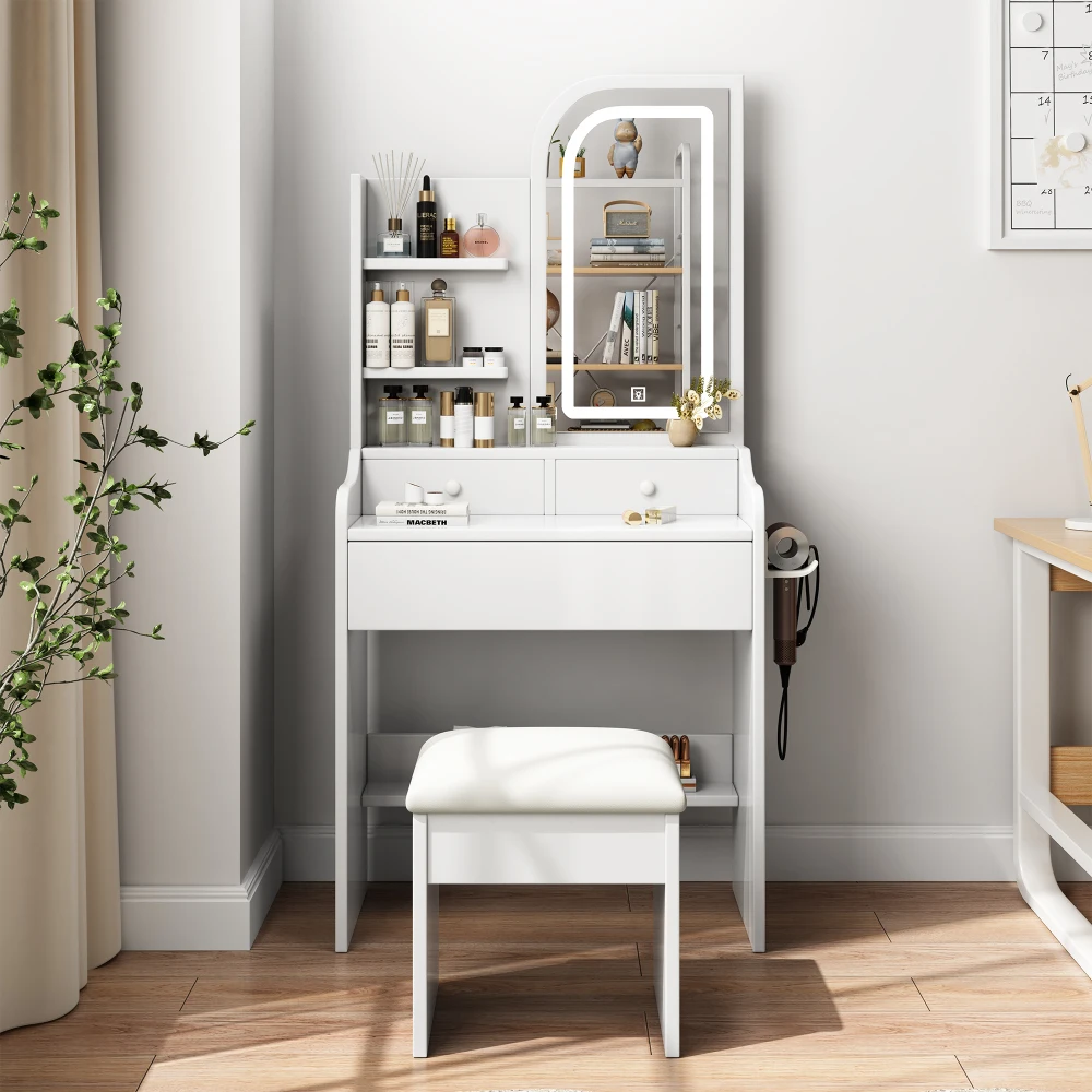 Fashion Vanity Desk with Mirror and Lights for Makeup with Hair Dryer Holder and Chair, Vanity Mirror with Lights and Table Set