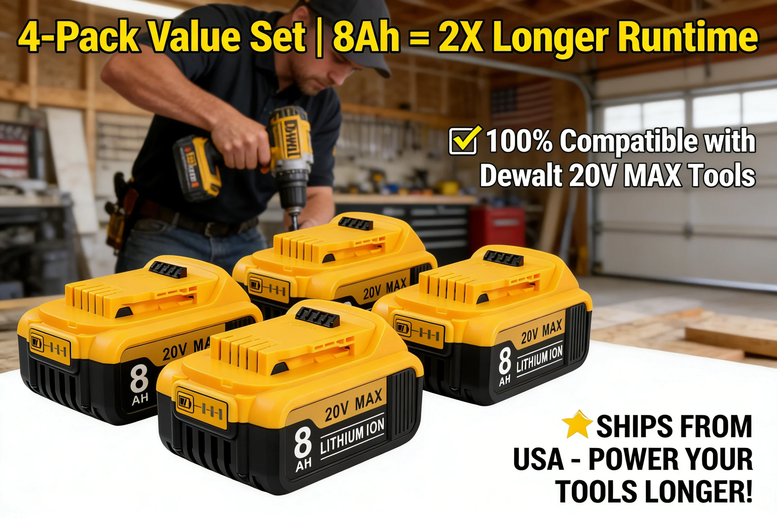 

4PACK 20V 8.0Ah MAX Battery Power Tool Replacement For DeWalt DCB184 DCB181 DCB182 DCB200