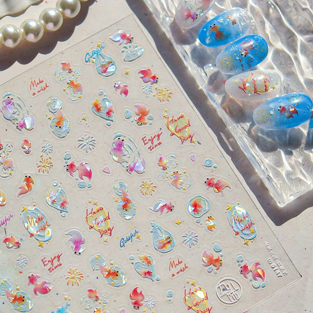 

Koi Fireworks Plastic Bag Carp Goldfish Water Bubble Bowknot Shell Conch Starfish Summer Sea Jellyfish Nail Art Stickers Decals