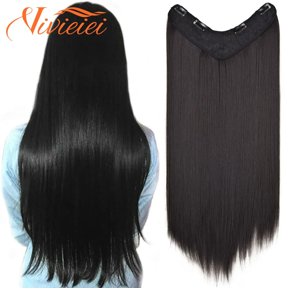 Synthetic Long straight V-shaped Hair Extension Wig 24 INCH Natural Black Brown 4 Clip In One Piece