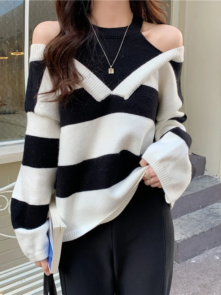 

Women's Autumn Winter V-Neck Long Sleeve Sweater Comfortable Stripes Fashion Loose Fit Daily Wear Style