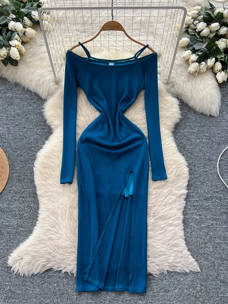 엘리 커뮤트 슬레 롱 스웨 원숄더 드 여성용 슬림핏 홀로우 아웃 슬릿 랩 어라운드 롱 스커트 시 커뮤트