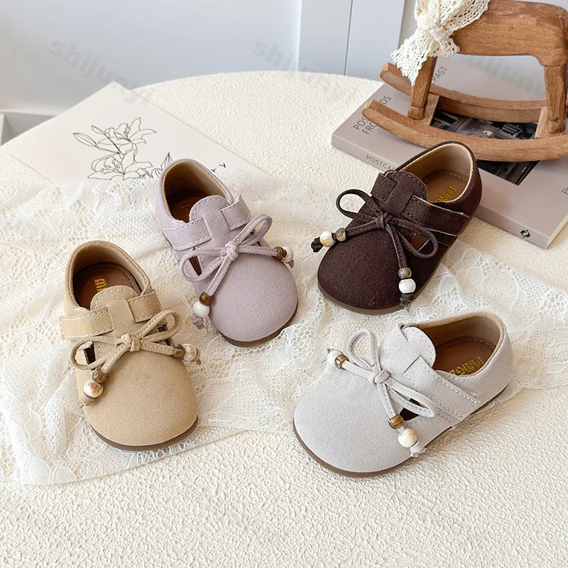 

Туфли принцессы для девочек, осенние детские винтажные модные замшевые кожаные туфли с бантом, легкая повседневная обувь на нескользящей мягкой подошве