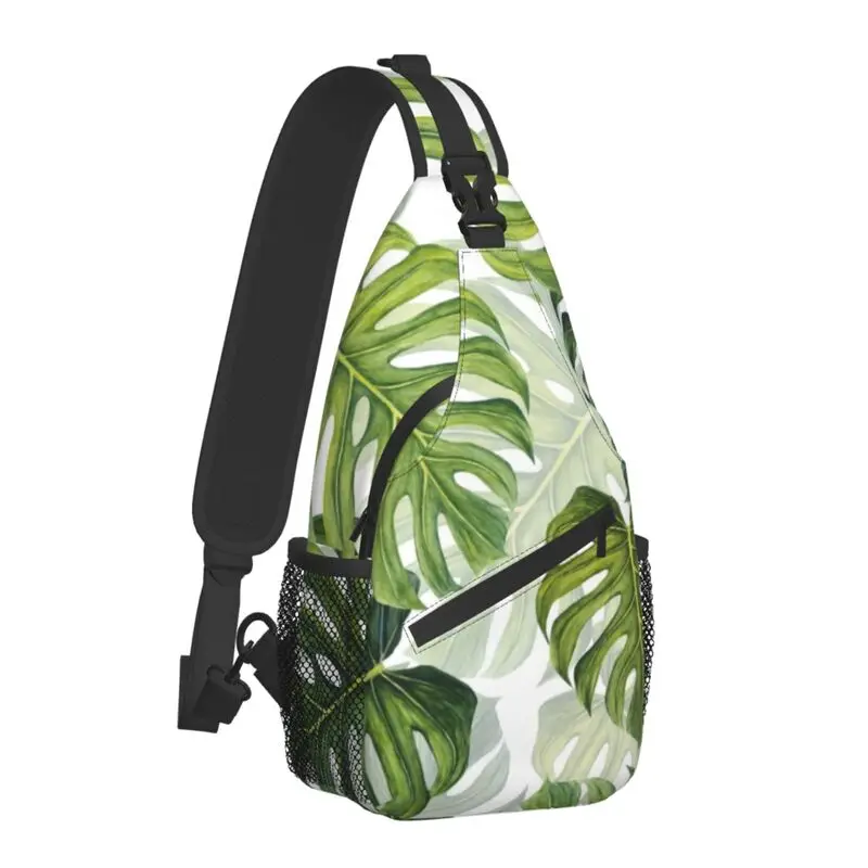 Monstera Leaf Tropical Plants Pattern Sling Crossbody Chest Bag Men Summer Botanical Leaves Shoulder Backpack for Traveling