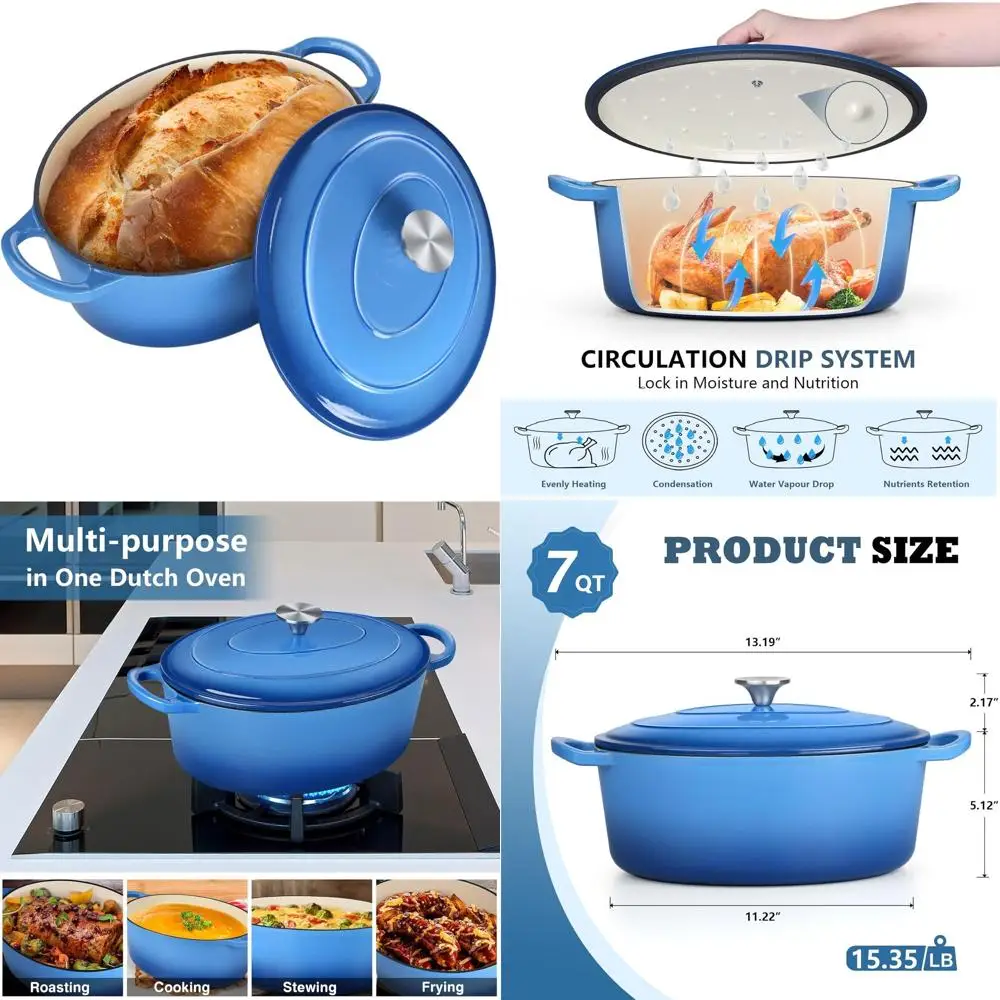 

Blue 7-Quart Enameled Cast Iron Dutch Oven with Lid for Baking, Braising, Roasting, and Stewing - Non-Stick, Oven-Safe, Dual Han