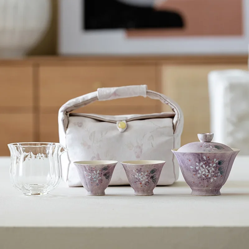 Travel Portable Tea Set Women's Quick Guest Cup One Pot Two Cups Cover with Cloth Bag One Bowl Three Cup Ceramic Purple Tea Cup