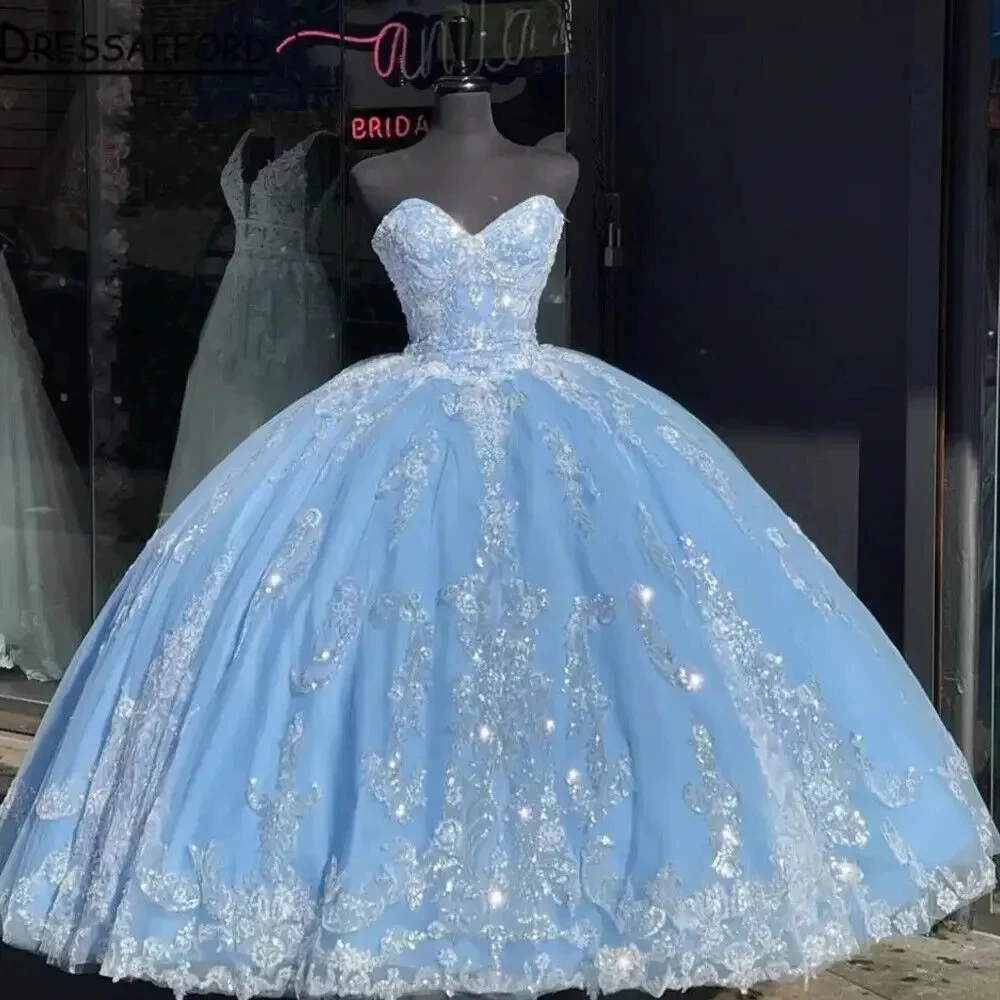 ANGELSBRIDEP Vestido De quinceañera azul claro brillante, cuentas De perlas De cristal, apliques De encaje, fiesta De cumpleaños De 15 años