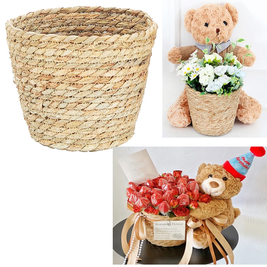 Straw Rose Hug Bucket Weaving Flower Plant Pot Wicker Basket Rattan Flowerpot Storage Baskets Little Bear Hugs Flower Basket