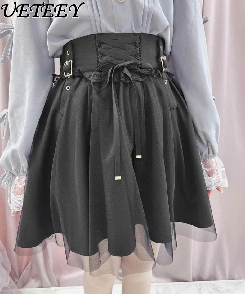 

Japanese Rojita Mine Series Mass Production Lace-up Gauze Skirts Stitching High Waist Sweet Cool Bow Short Skirt for Women