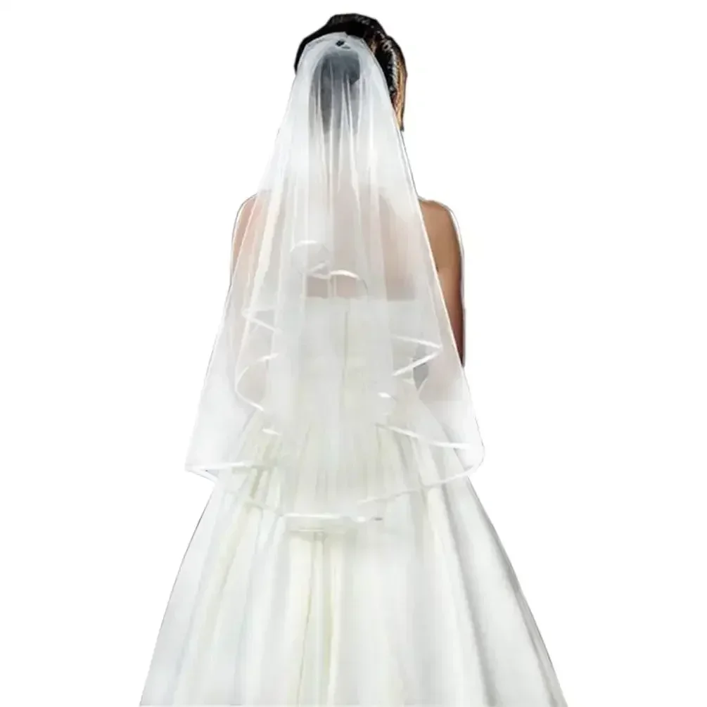 Wedding Veil White Double Ribbon Edge Center Cascade Bridal with Comb Accessories